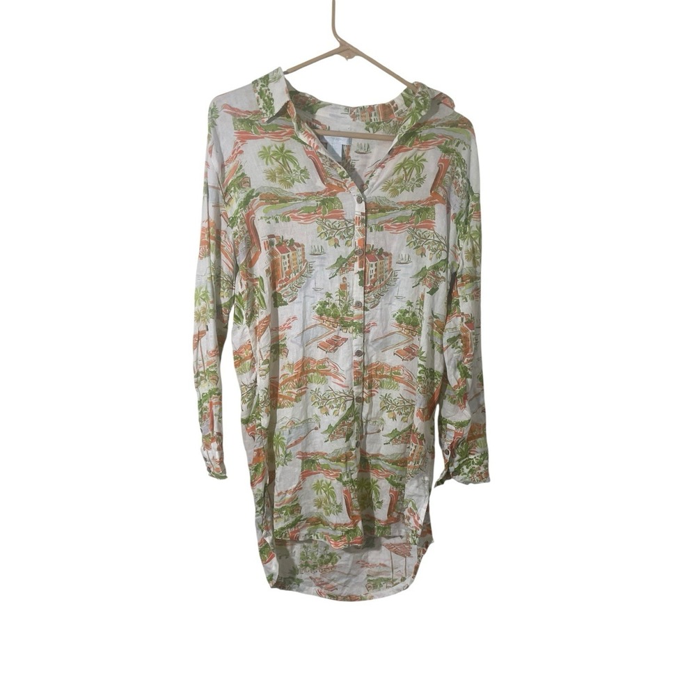 Cynthia Rowley S Linen Blend Tropical Beach Shirt Dress Coverup Button Up NEW